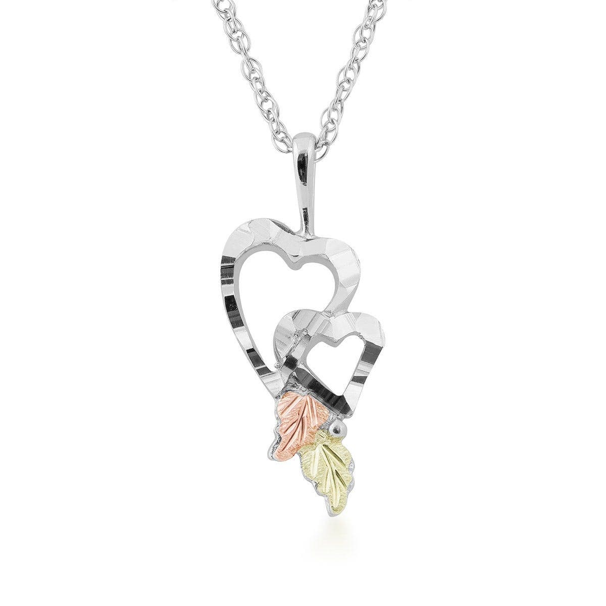 Sterling silver diamond cut double heart and hanging leaf pendant by Mt. Rushmore Black Hills Gold