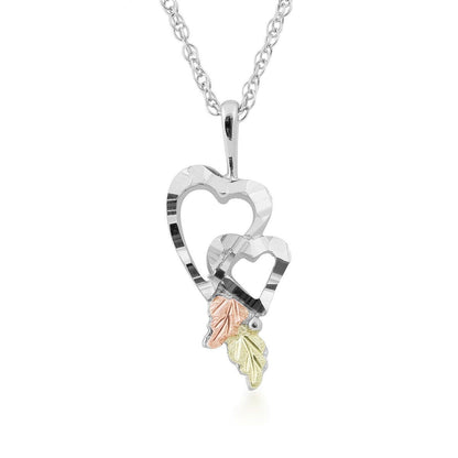 Sterling silver diamond cut double heart and hanging leaf pendant by Mt. Rushmore Black Hills Gold