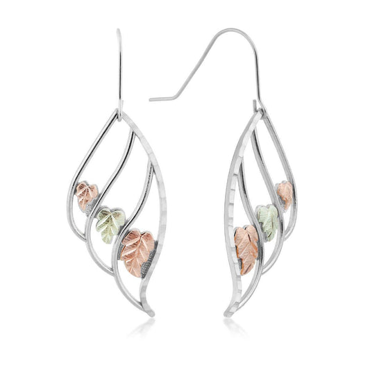 Sterling silver triple teardrop dangle earrings featuring center leaves by Mt. Rushmore Black Hills Gold