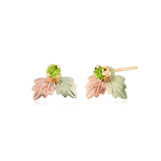 10K yellow gold synthetic round peridot stud and double leaf earring jackets by Mt. Rushmore Black Hills Gold
