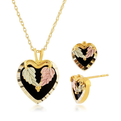 10K yellow gold onyx heart pendant and earring set featuring heart-shaped leaf accent by Mt. Rushmore Black Hills Gold
