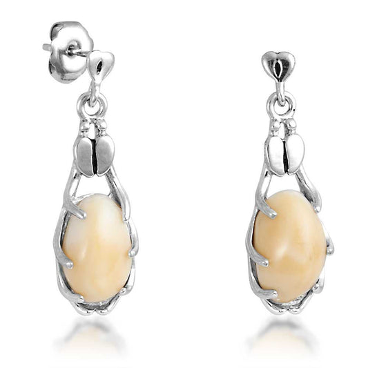 Sterling silver women's elk ivory cabochon cut dangle earrings featuring antler and hoof accented bale