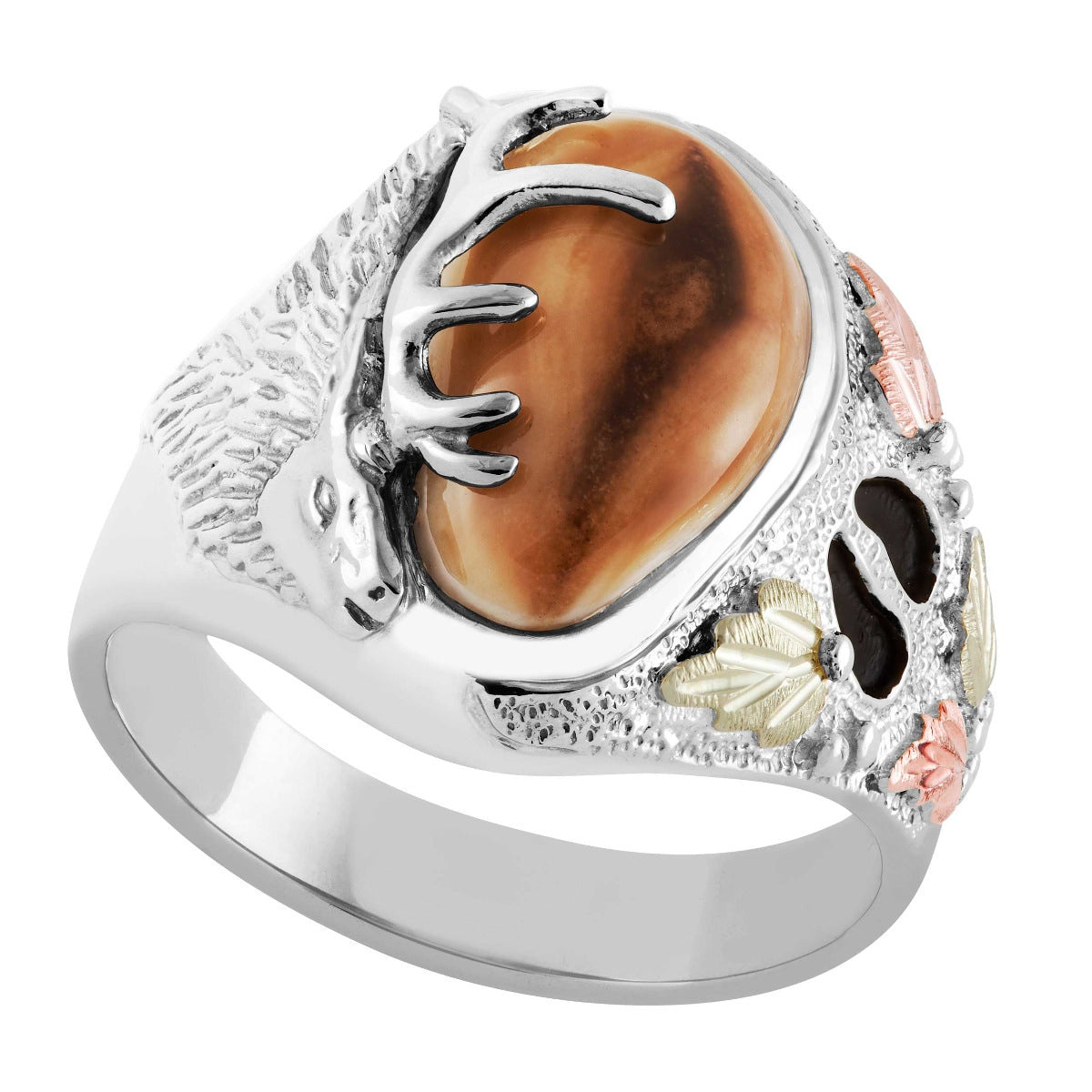 10K yellow gold men's elk ivory Black Hills Gold ring, Wapiti design