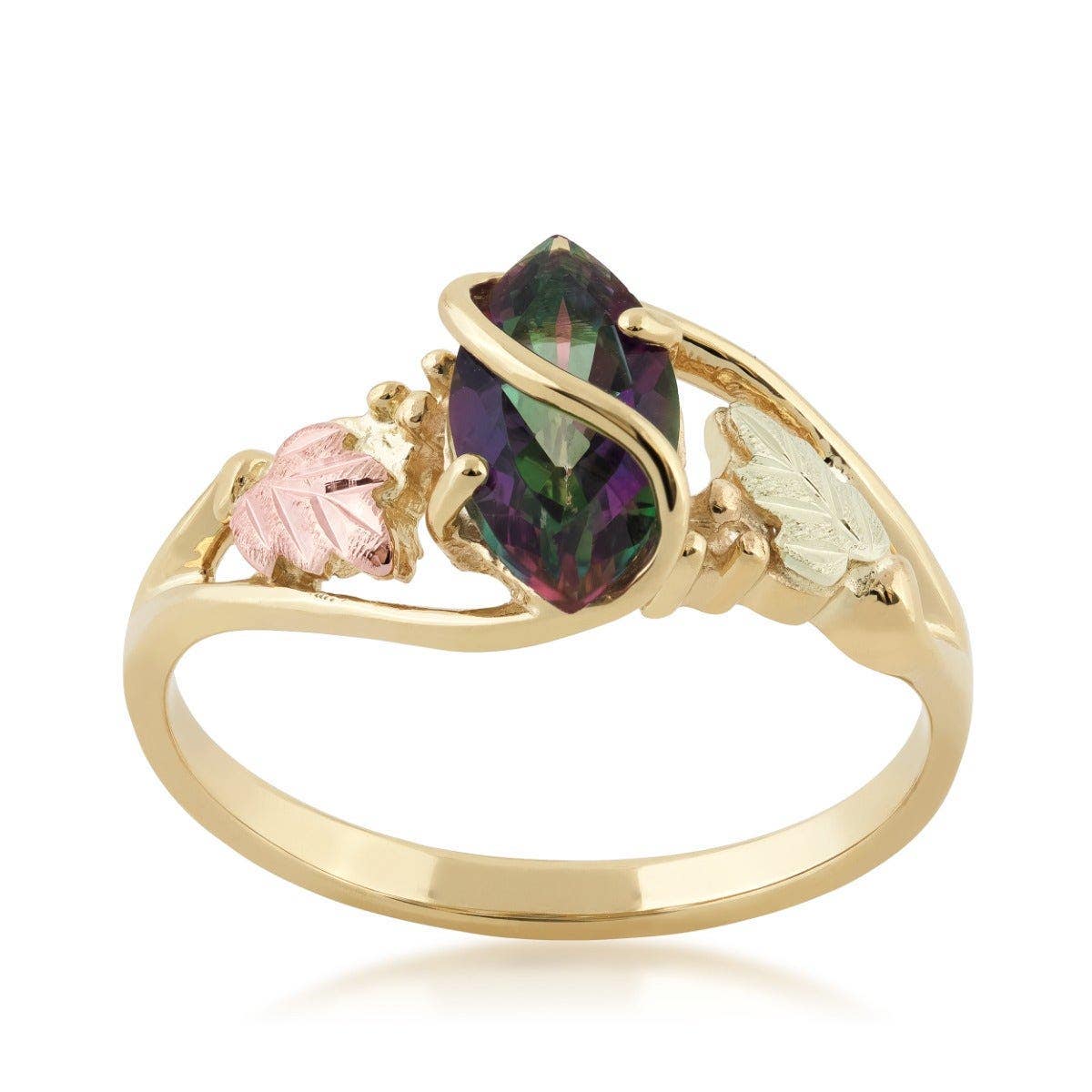 10K yellow gold marquise mystic fire topaz double leaf and grapevine ring by Mt. Rushmore Black Hills Gold