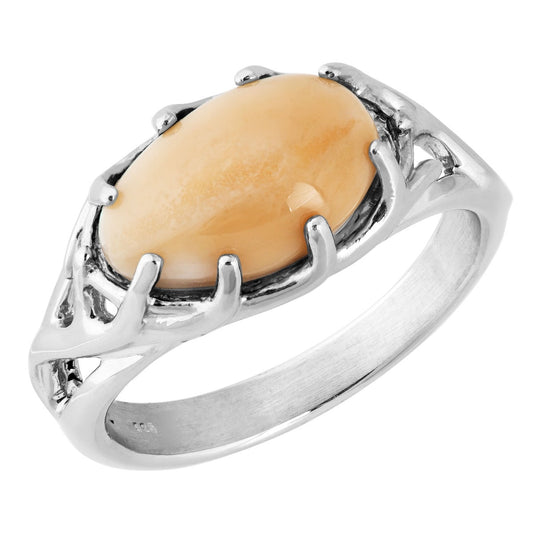 Sterling silver women's elk ivory cabochon cut ring featuring antler accented band
