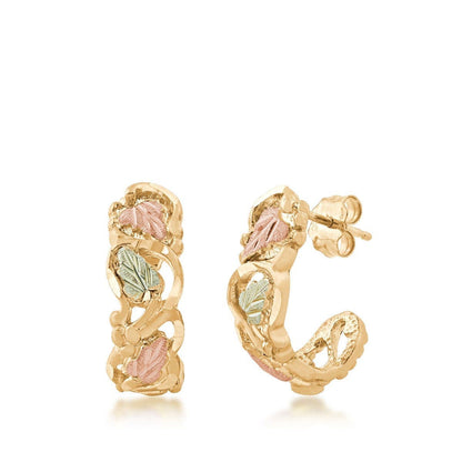 10K yellow gold diamond cut green and pink leaf j hoop earrings by Mt. Rushmore Black Hills Gold