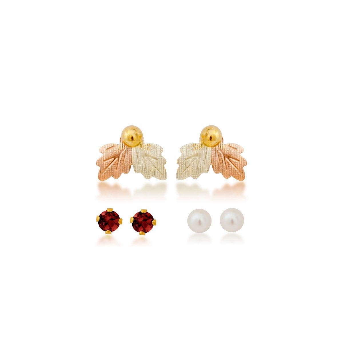 Cultured freshwater pearl, synthetic garnet, and yellow gold filled ball studs featuring leaf earring jackets by Mt. Rushmore Black Hills Gold