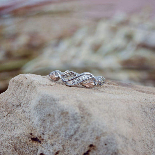 Sterling silver 3-stone cubic zirconia and leaf ring by Mt. Rushmore Black Hills Gold