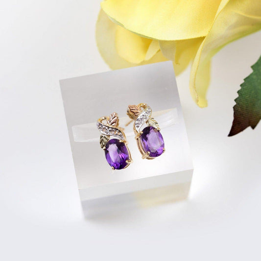 10K yellow gold oval amethyst and diamond accent earrings by Mt. Rushmore Black Hills Gold