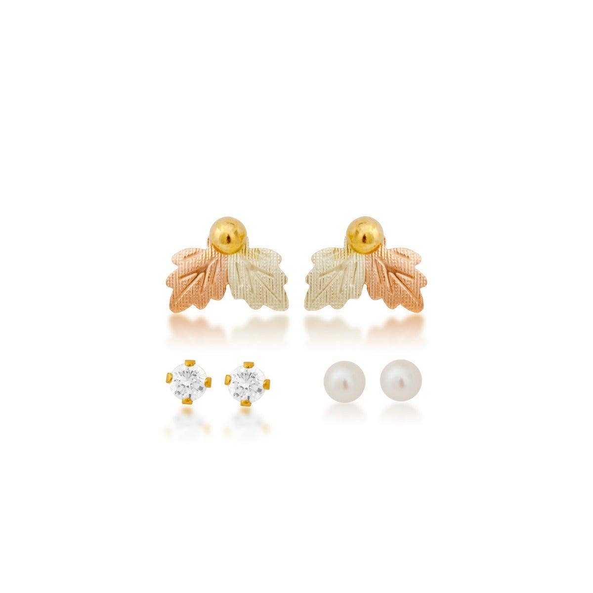 Cultured freshwater pearl, cubic zirconia, and yellow gold filled ball studs featuring leaf earring jackets by Mt. Rushmore Black Hills Gold