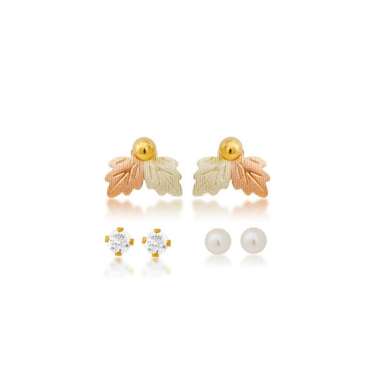 Cultured freshwater pearl, cubic zirconia, and yellow gold filled ball studs featuring leaf earring jackets by Mt. Rushmore Black Hills Gold