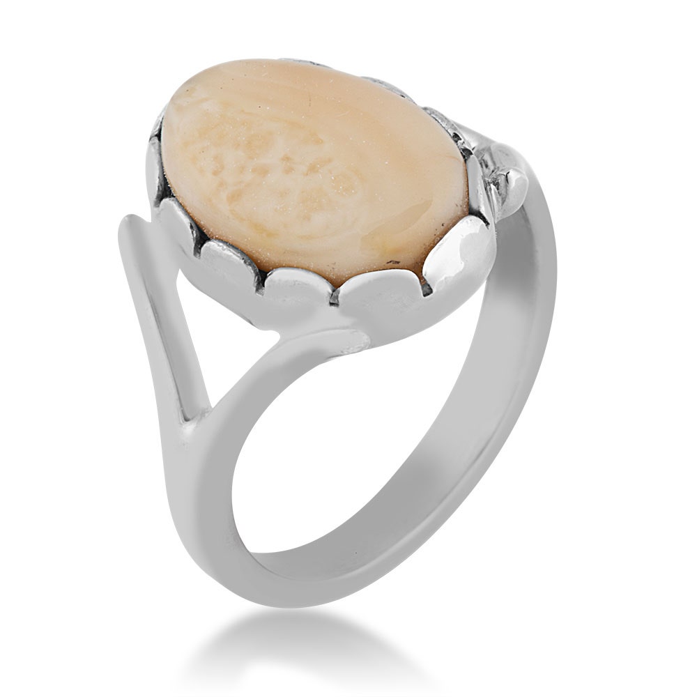Sterling silver women's elk ivory cabochon cut ring featuring split shank band