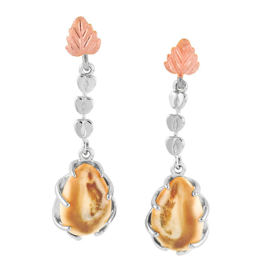 10K white gold women's elk ivory Black Hills Gold leaf dangle earrings featuring elk track accents