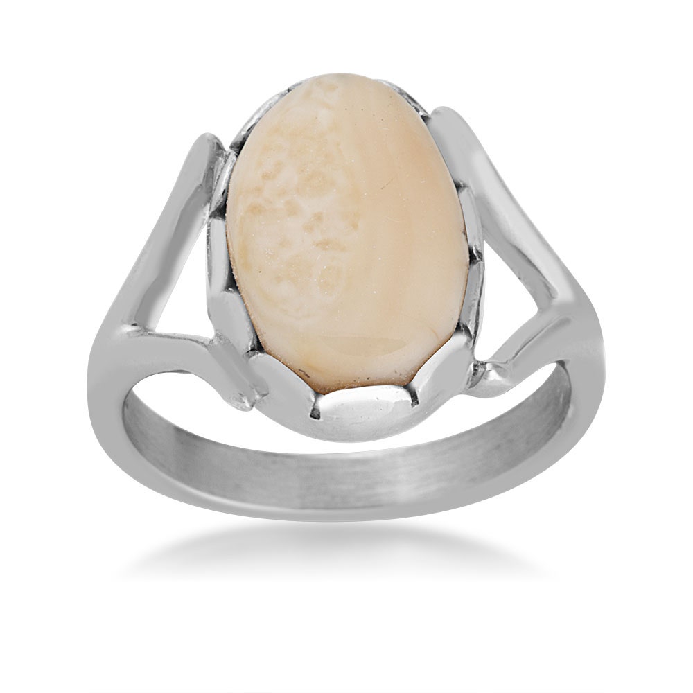 Sterling silver women's elk ivory cabochon cut ring featuring split shank band