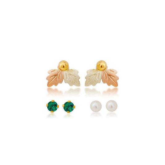 Cultured freshwater pearl, synthetic emerald, and yellow gold filled ball studs featuring leaf earring jackets by Mt. Rushmore Black Hills Gold