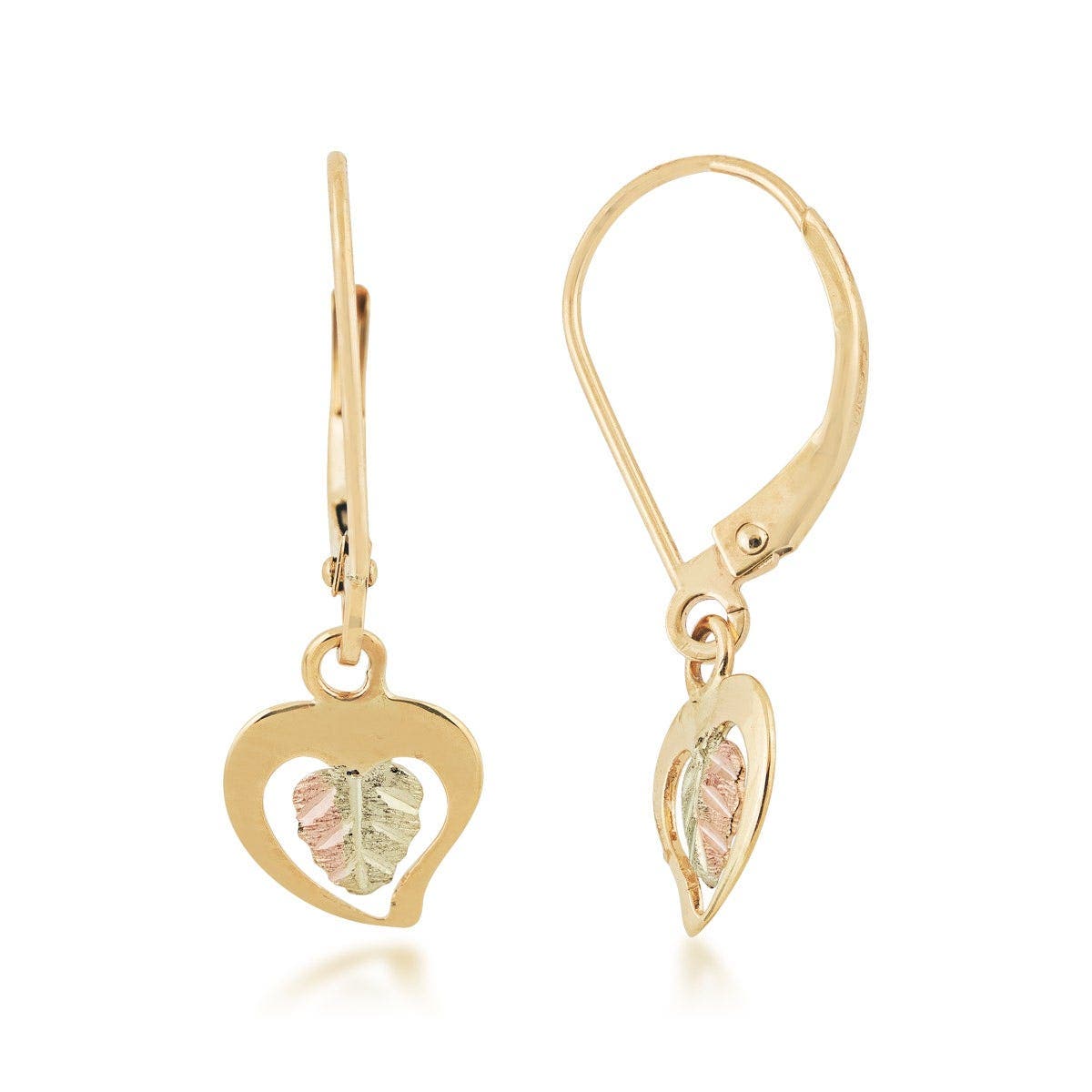 10K yellow gold heart and two-tone leaf dangle earrings by Mt. Rushmore Black Hills Gold