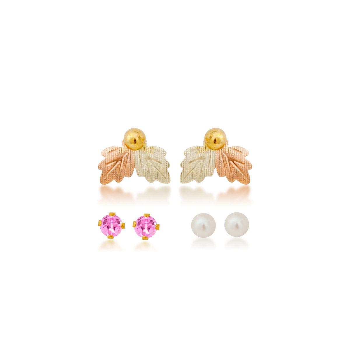 Cultured freshwater pearl, synthetic tourmaline, and yellow gold filled ball studs featuring leaf earring jackets by Mt. Rushmore Black Hills Gold
