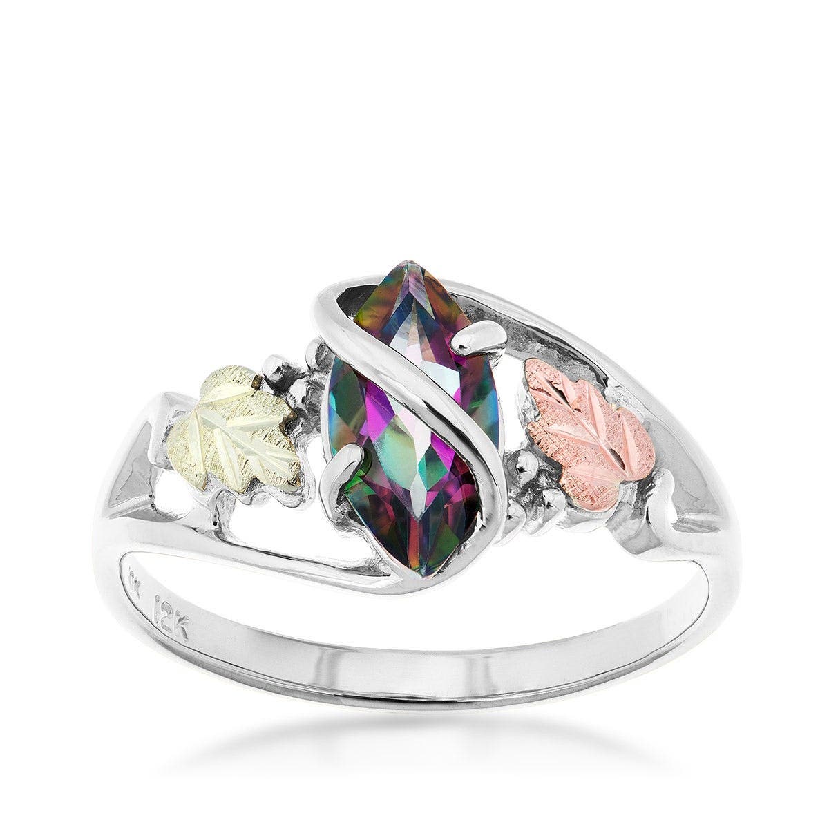 Sterling silver marquise mystic fire topaz double leaf and grapevine ring by Mt. Rushmore Black Hills Gold