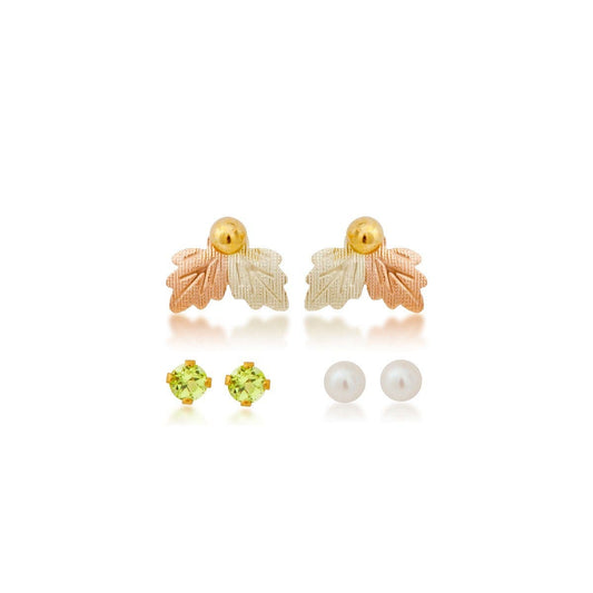 Cultured freshwater pearl, synthetic peridot, and yellow gold filled ball studs featuring leaf earring jackets by Mt. Rushmore Black Hills Gold