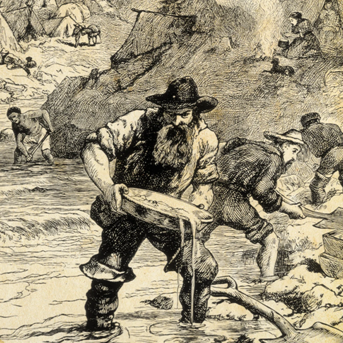 vintage illustration of a miner panning for gold