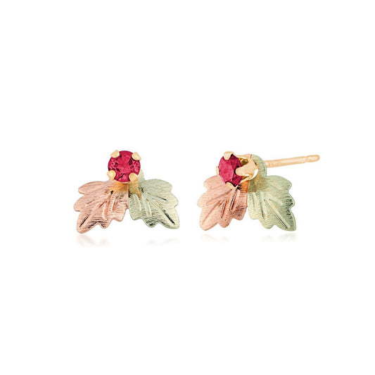 10K yellow gold synthetic round garnet stud and double leaf earring jackets by Mt. Rushmore Black Hills Gold