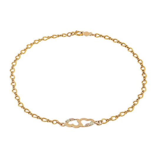 10K yellow gold leaf double heart ankle bracelet by Mt. Rushmore Black Hills Gold