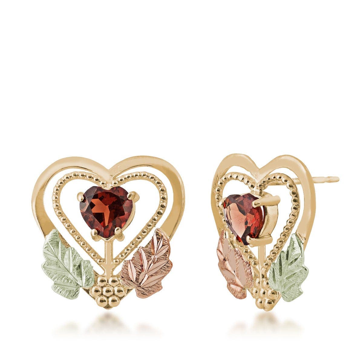 10K yellow gold garnet milgrain double heart earrings by Mt. Rushmore Black Hills Gold