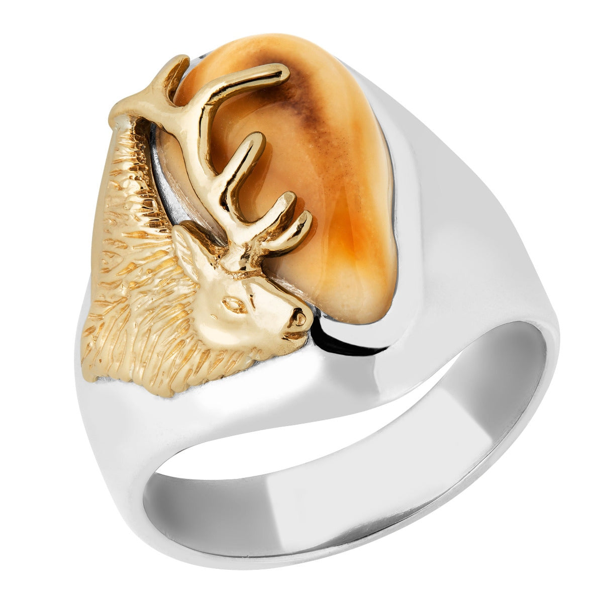 Men's elk ivory ring in 10K white and yellow gold