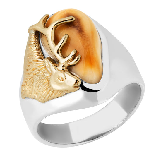 Men's elk ivory ring in 10K white and yellow gold