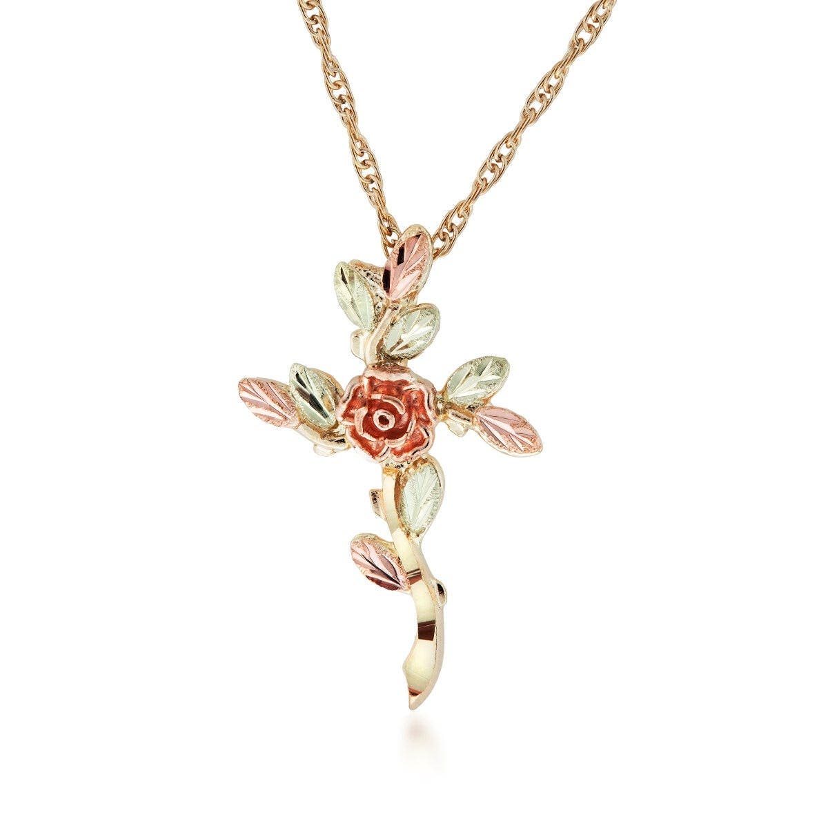 10K yellow gold diamond cut rose and leaf cross pendant by Mt. Rushmore Black Hills Gold