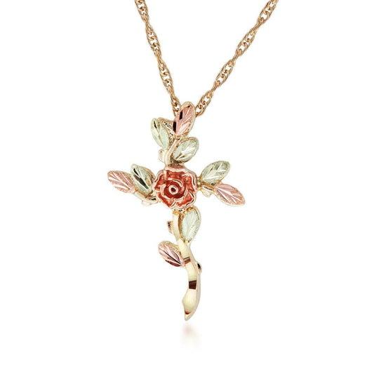 10K yellow gold diamond cut rose and leaf cross pendant by Mt. Rushmore Black Hills Gold