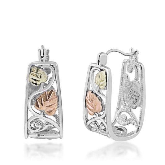Sterling silver pink and green leaf open hoop earrings by Mt. Rushmore Black Hills Gold