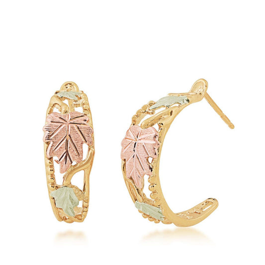 10K yellow gold pink and green leaf vine j hoop earrings by Mt. Rushmore Black Hills Gold