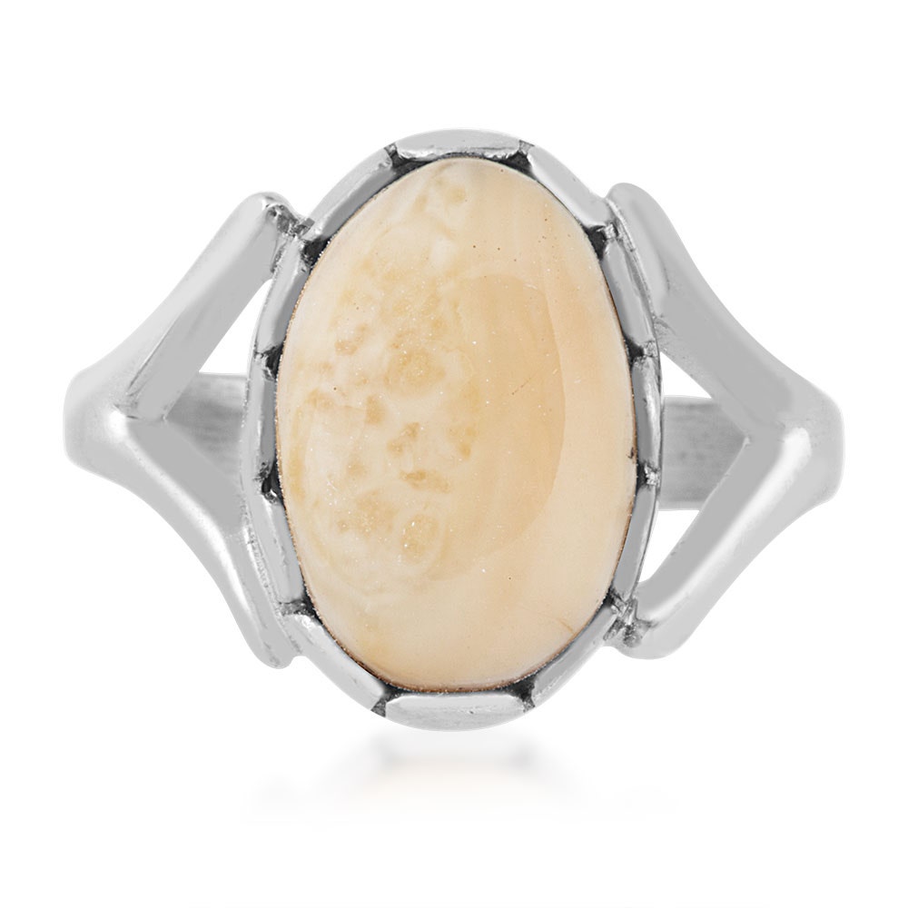 Sterling silver women's elk ivory cabochon cut ring featuring split shank band