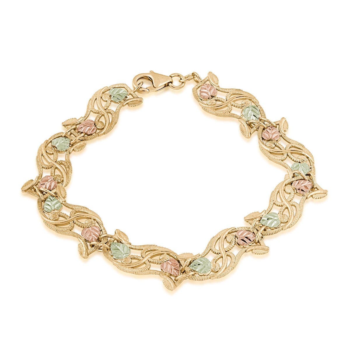 10K yellow gold 7" rope texture and leaf link bracelet by Mt. Rushmore Black Hills Gold