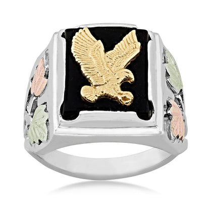 Sterling silver and 10K yellow gold men's rectangle onyx and eagle ring by Mt. Rushmore Black Hills Gold