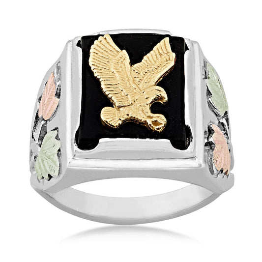 Sterling silver and 10K yellow gold men's rectangle onyx and eagle ring by Mt. Rushmore Black Hills Gold
