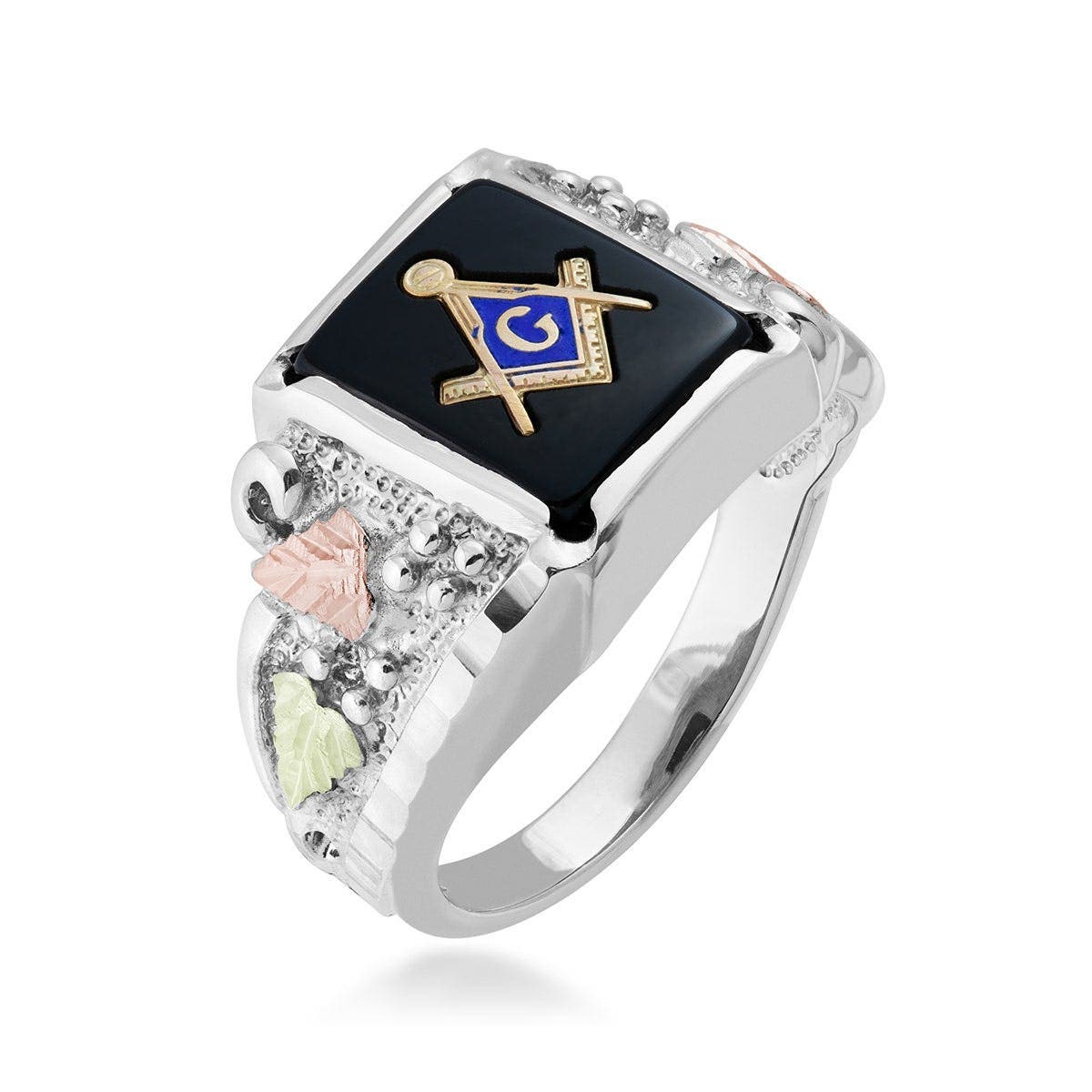 Sterling silver men's rectangle onyx masonic ring by Mt. Rushmore Black Hills Gold, side view