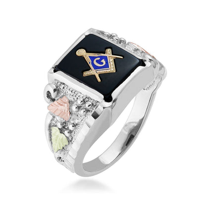 Sterling silver men's rectangle onyx masonic ring by Mt. Rushmore Black Hills Gold, side view