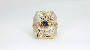 10K yellow gold men's round Yogo sapphire bezel set grape cluster and leaf ring with Black Hills Gold detailing, product video